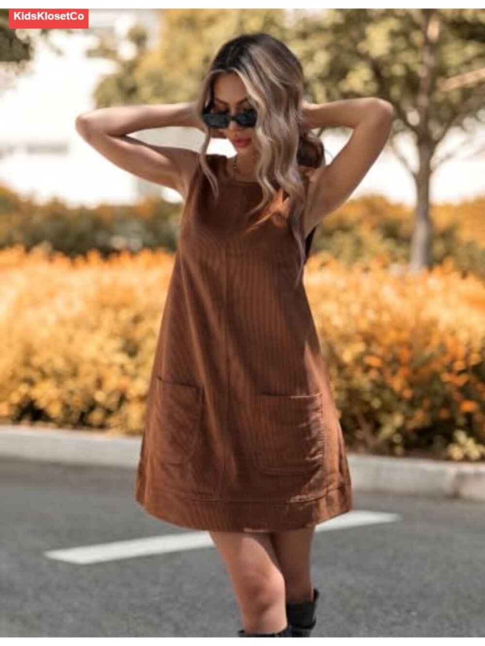 Women's Corduroy Overall Dress Mini A-Line Pinafore Jumper Sleeveless with - Picture 2 of 6